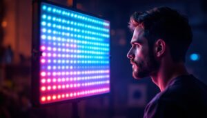 A photograph of a professional photographer using a led video light panel in a dynamic shooting environment