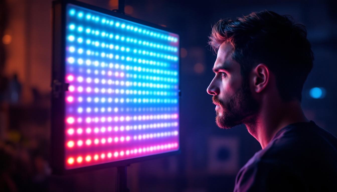A photograph of a professional photographer using a led video light panel in a dynamic shooting environment