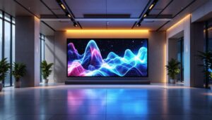A photograph of a modern led display integrated within a revit-designed architectural setting