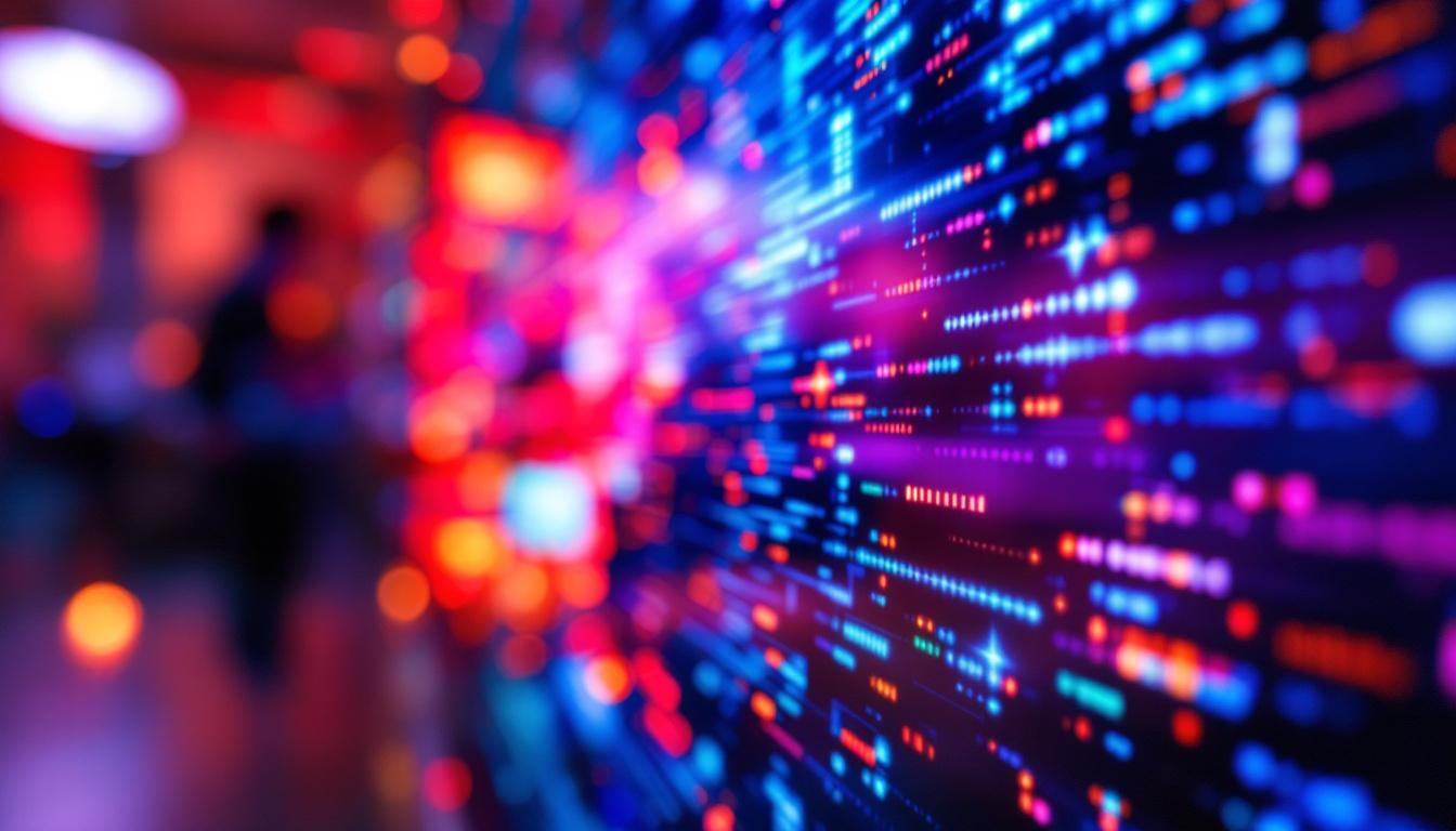 A photograph of a close-up of a vibrant led display showcasing dynamic visuals or text