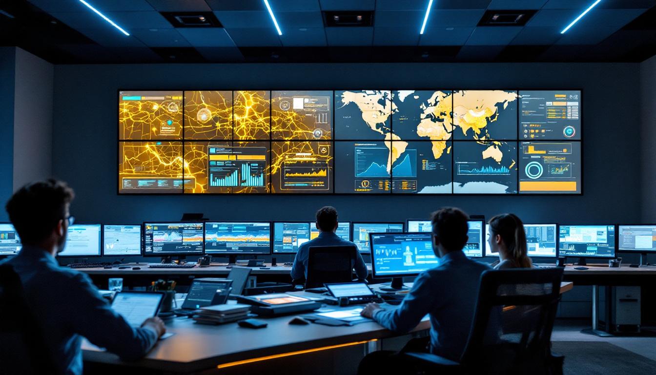 A photograph of capture a photograph of a modern defense control room featuring a large led display