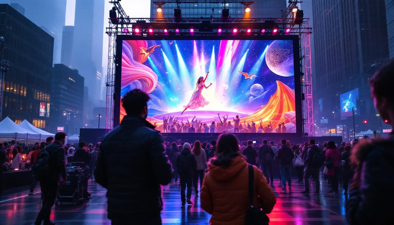 A photograph of capture a photograph of a vibrant 12x8 led wall display in action