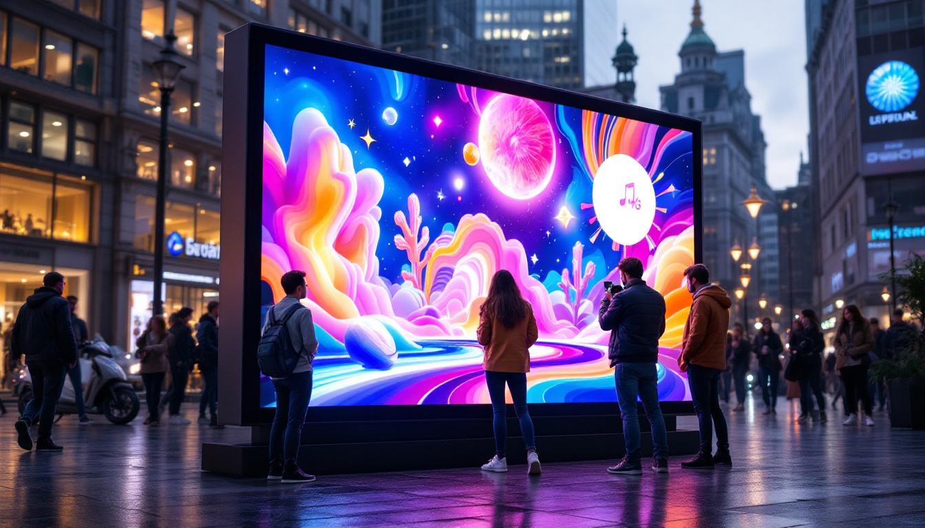 A photograph of a vibrant led display kiosk in an urban setting