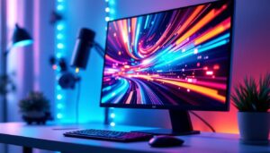 A photograph of capture a photograph of a sleek 19-inch lcd computer monitor displaying vibrant led graphics