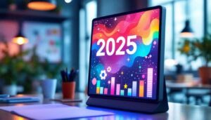 A photograph of a vibrant led display showcasing a colorful 2025 planner