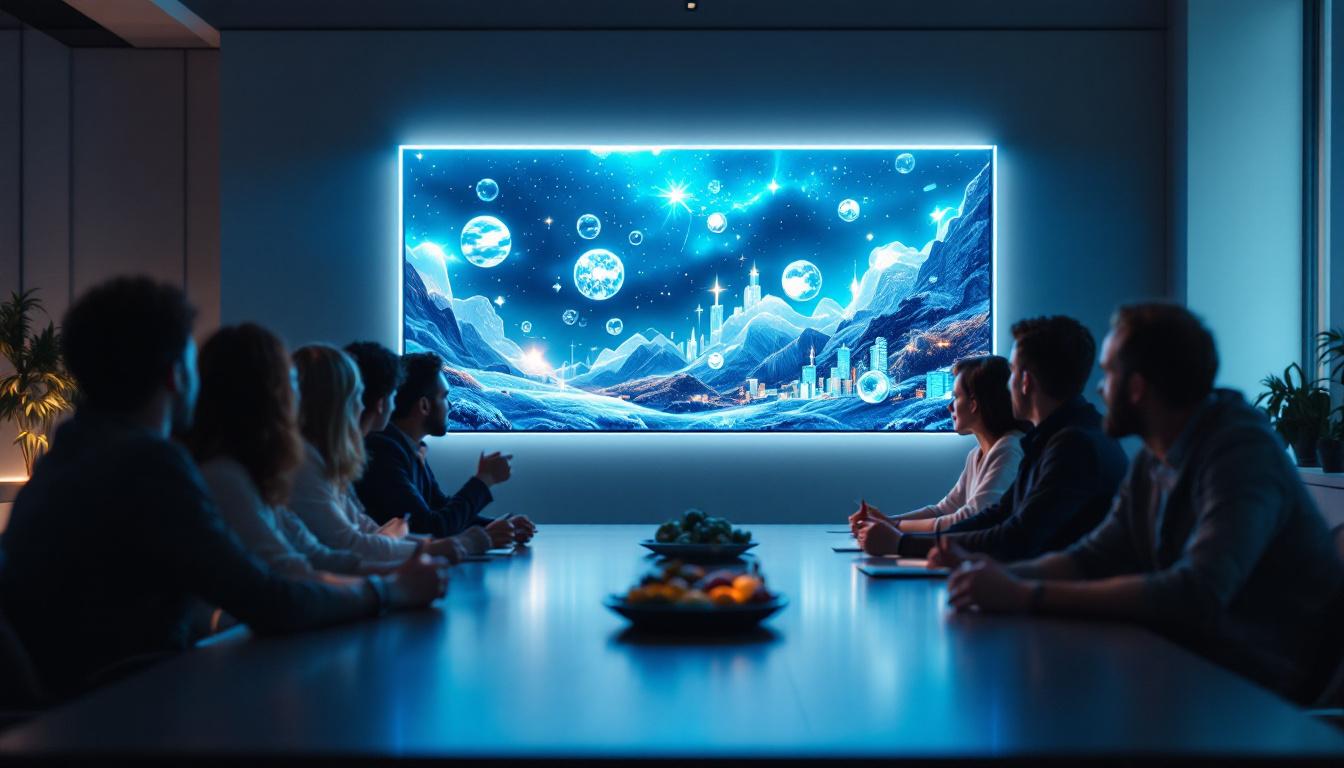 A photograph of a modern conference room featuring a large led display