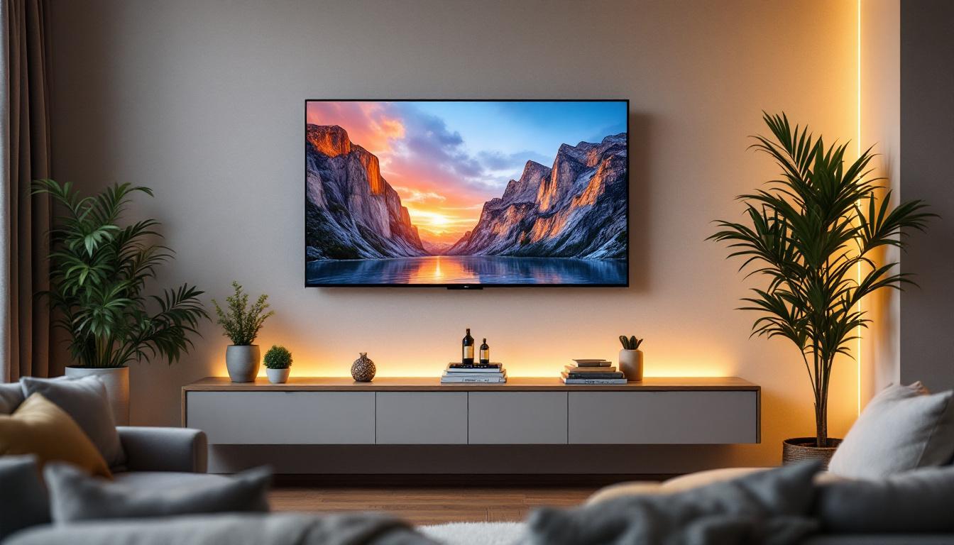 A photograph of a stylish corner setup featuring a wall-mounted led tv