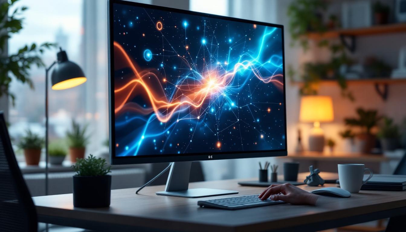 A photograph of a sleek all-in-one touch screen computer monitor in a modern workspace setting