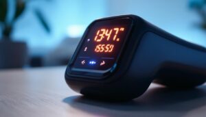 A photograph of a close-up of a high-tech plantar support device featuring an led display