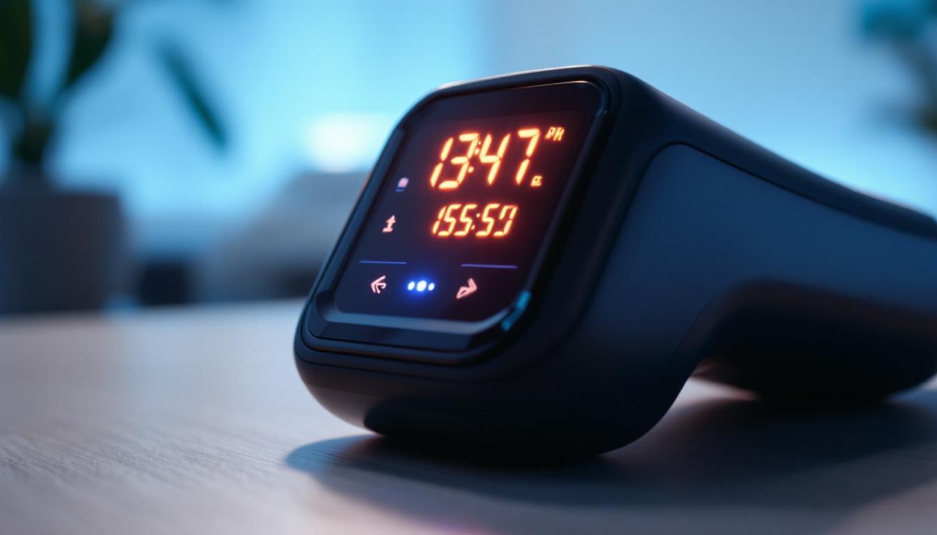 A photograph of a close-up of a high-tech plantar support device featuring an led display