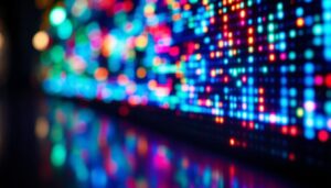 A photograph of a close-up shot of a vibrant led display showcasing dynamic visuals