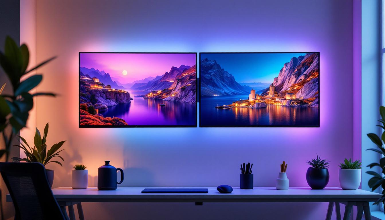A photograph of a sleek dual screen wall mount setup featuring two led displays side by side