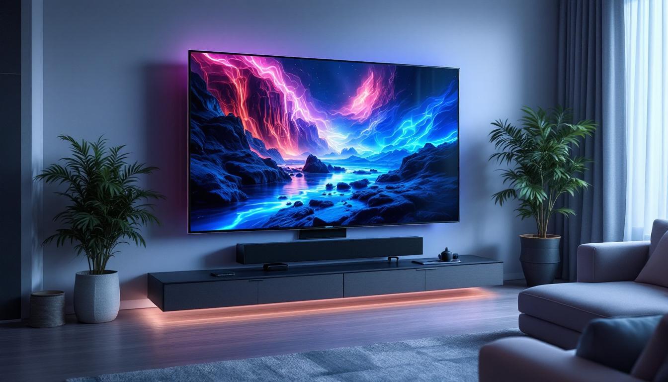 A photograph of a modern living room featuring a stylish rotating tv wall with an led display