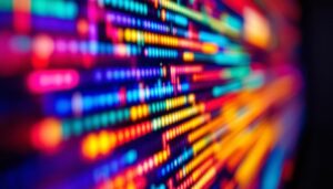 A photograph of a close-up shot of a vibrant led display in action