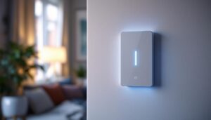 A photograph of capture a photograph of an lcd smart light switch installed on a stylish wall