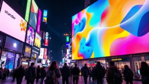 A photograph of a vibrant led display in a bustling urban environment