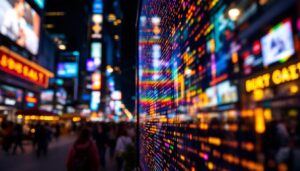 A photograph of a vibrant led display in action