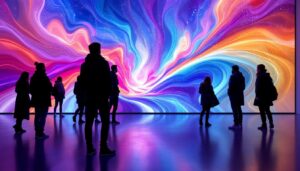 A photograph of a vibrant led display in an art gallery setting