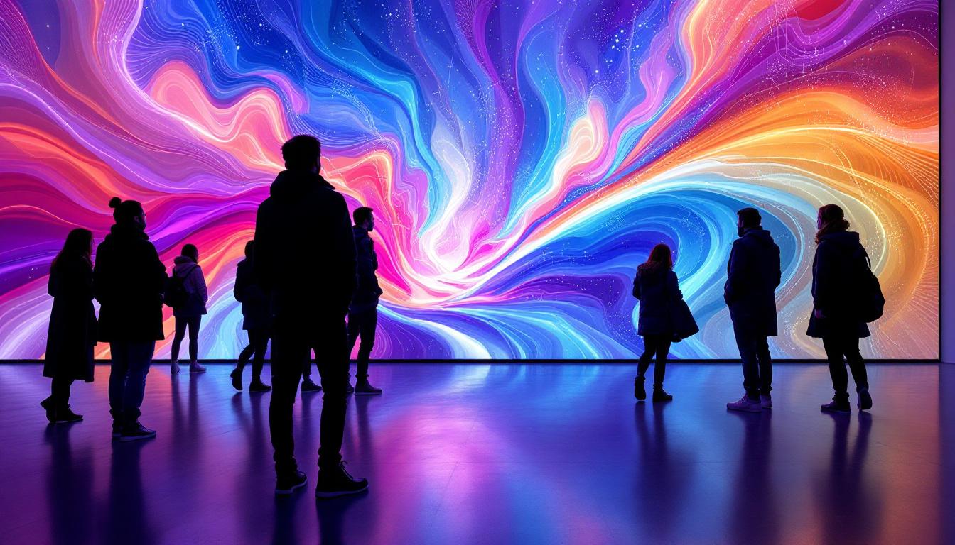 A photograph of a vibrant led display in an art gallery setting