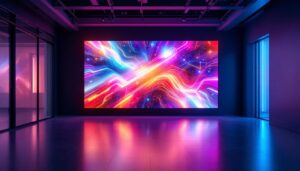 A photograph of capture a photograph of a modern interior featuring a diagonal wall adorned with a vibrant led display