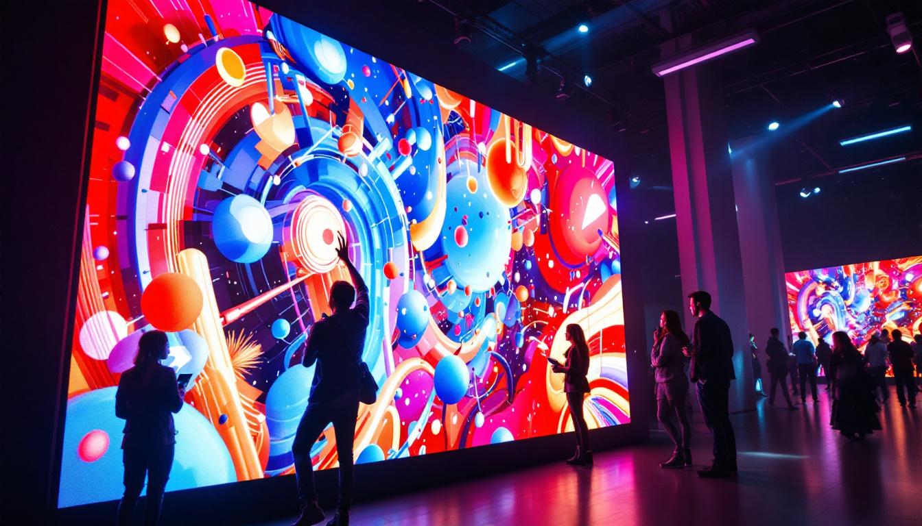 A photograph of a vibrant led display in a dynamic setting