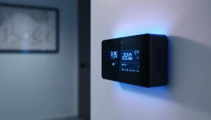 A photograph of a close-up shot of an av wall box with its led display illuminated