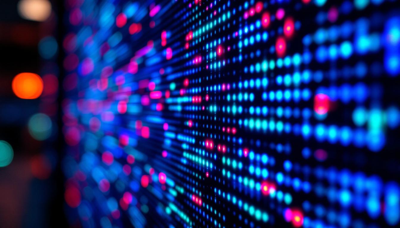 A photograph of a close-up view of a vibrant led display showcasing intricate pixel details