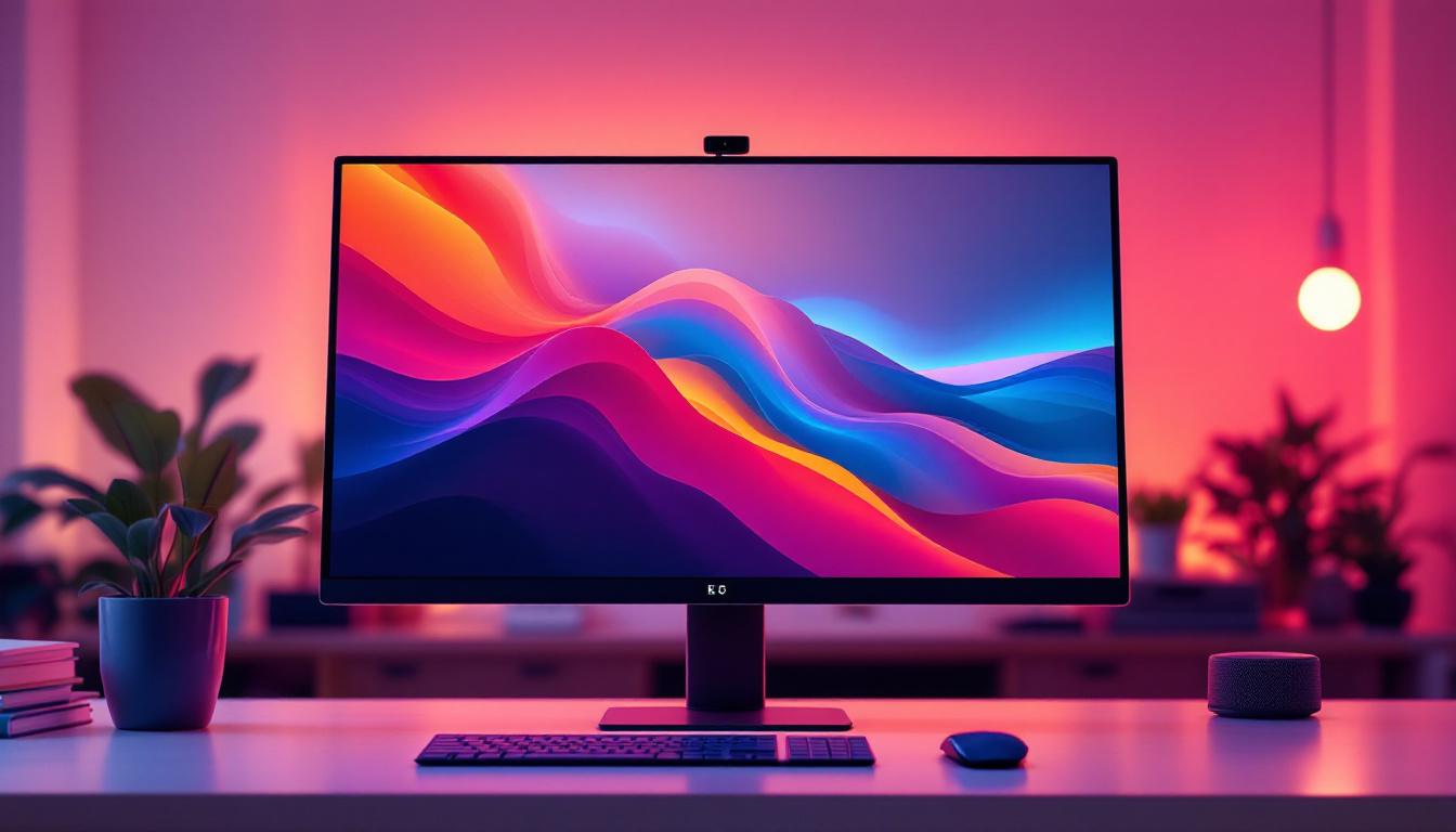 A photograph of a sleek desktop monitor with an integrated camera