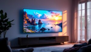 A photograph of a sleek narrow bezel led tv displaying vibrant visuals in a modern living room setting