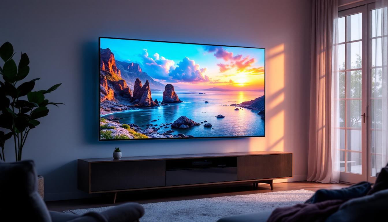 A photograph of a sleek narrow bezel led tv displaying vibrant visuals in a modern living room setting