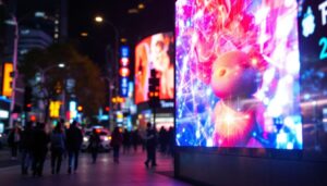 A photograph of capture a photograph of a vibrant led display in a busy urban setting