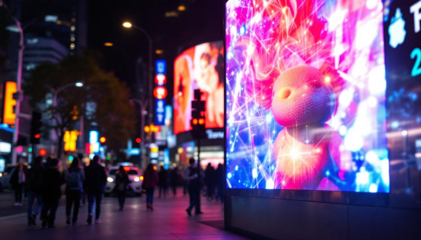 A photograph of capture a photograph of a vibrant led display in a busy urban setting