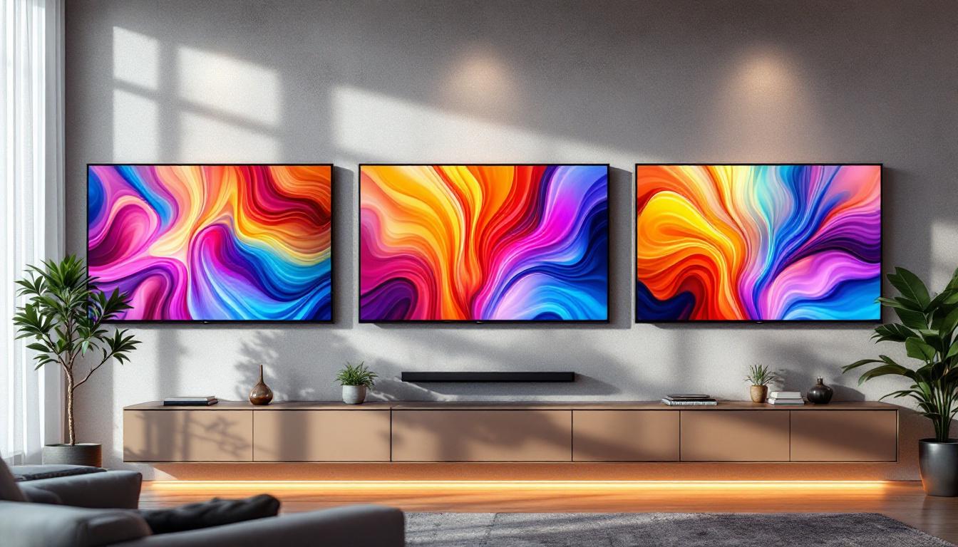 A photograph of three sleek led tvs mounted on a modern wall