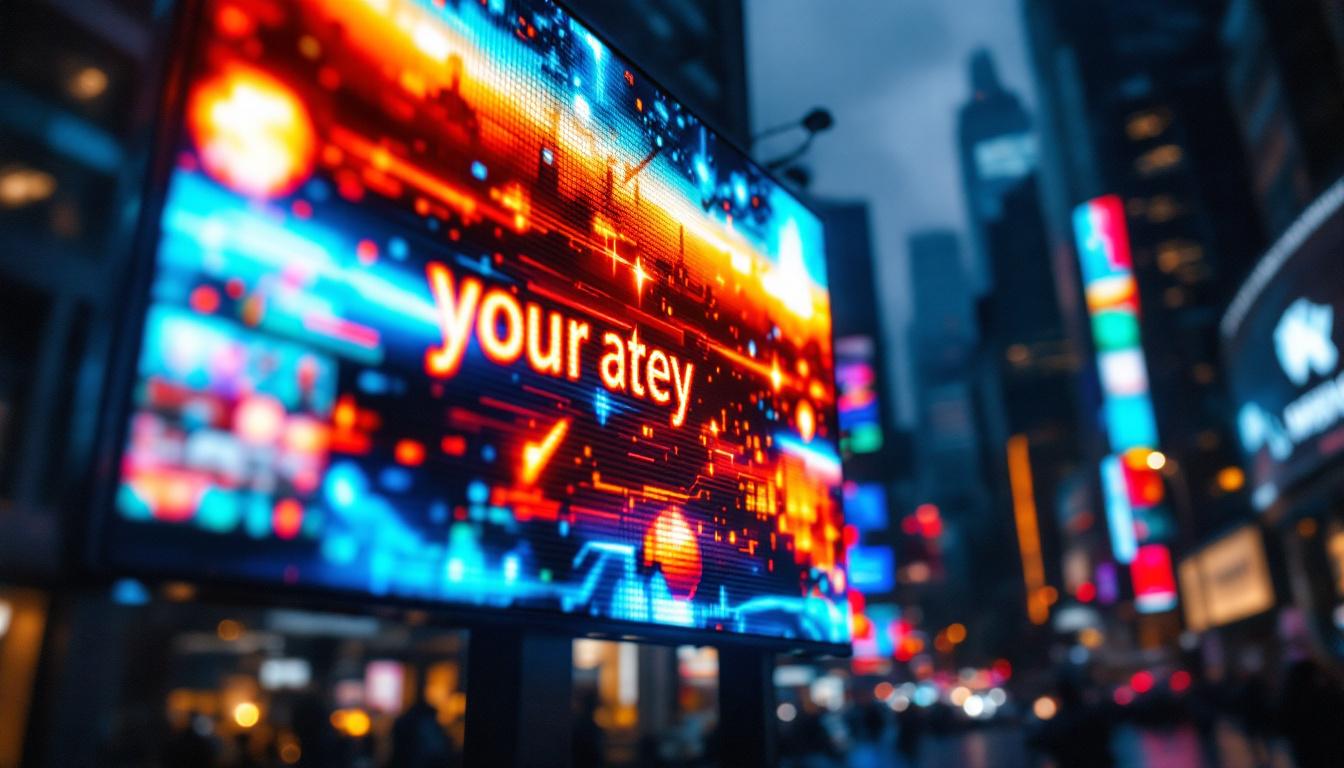 A photograph of a vibrant led display showcasing dynamic visuals or text in an urban setting