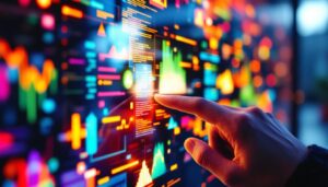 A photograph of a close-up of a touch screen monitor displaying vibrant