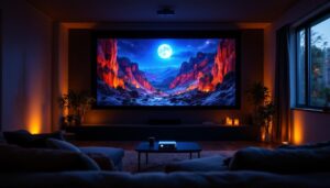 A photograph of a runco projector in a dimly lit home theater setting