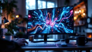 A photograph of a sleek touchscreen pc monitor displaying vibrant led graphics