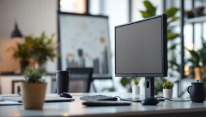A photograph of a 24-inch monitor with a privacy screen in an office setting