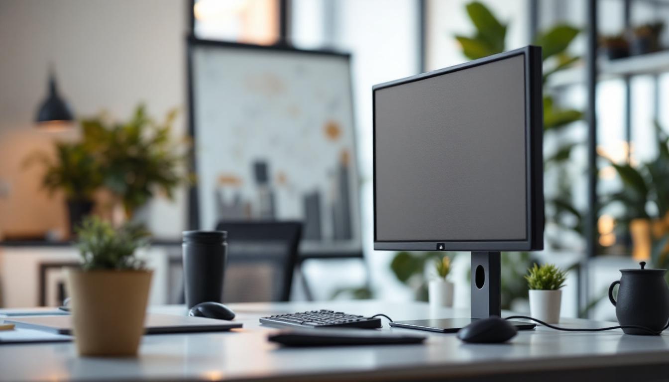 A photograph of a 24-inch monitor with a privacy screen in an office setting