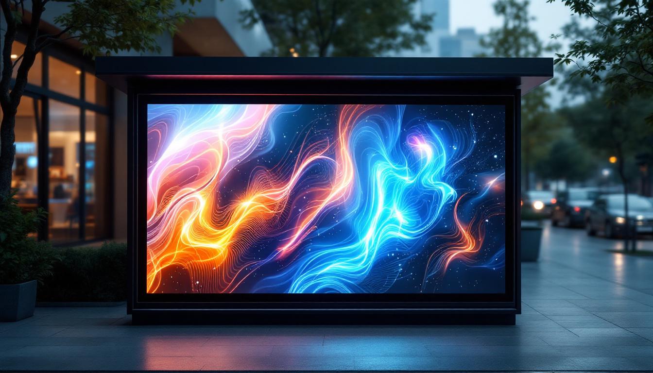 A photograph of an outdoor display cabinet featuring a vibrant led screen