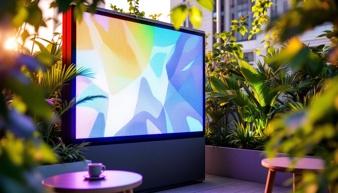 A photograph of a vibrant outdoor setting featuring a privacy screen with an led display