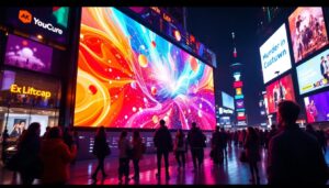 A photograph of a vibrant led display in a bustling urban setting