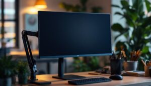 A photograph of a sleek 24-inch led monitor mounted on an adjustable arm in a modern workspace