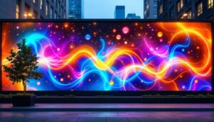 A photograph of a vibrant exterior wall adorned with an eye-catching led display
