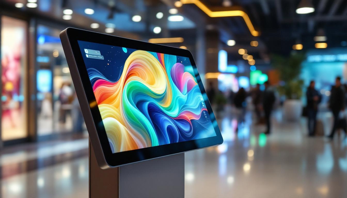 A photograph of a sleek touch screen kiosk featuring a vibrant led display in a modern setting