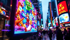 A photograph of a vibrant led digital sign in a bustling urban environment