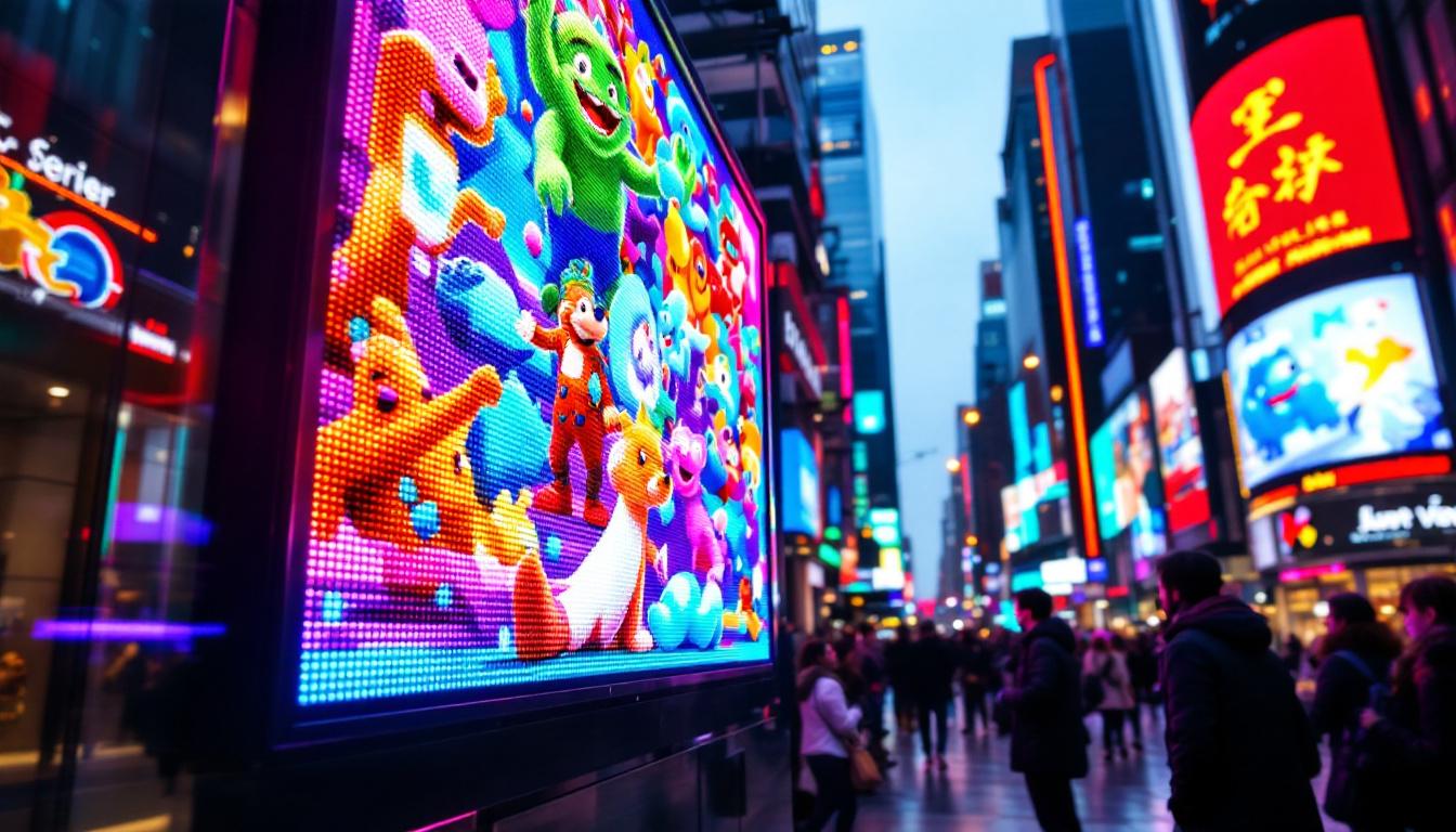 A photograph of a vibrant led digital sign in a bustling urban environment