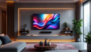A photograph of a stylish living room featuring a modern tv wall panel with integrated led display
