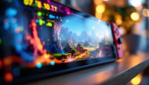 A photograph of a close-up shot of a nintendo switch oled screen displaying vibrant graphics