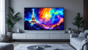 A photograph of a close-up shot of a micro led tv displaying vibrant